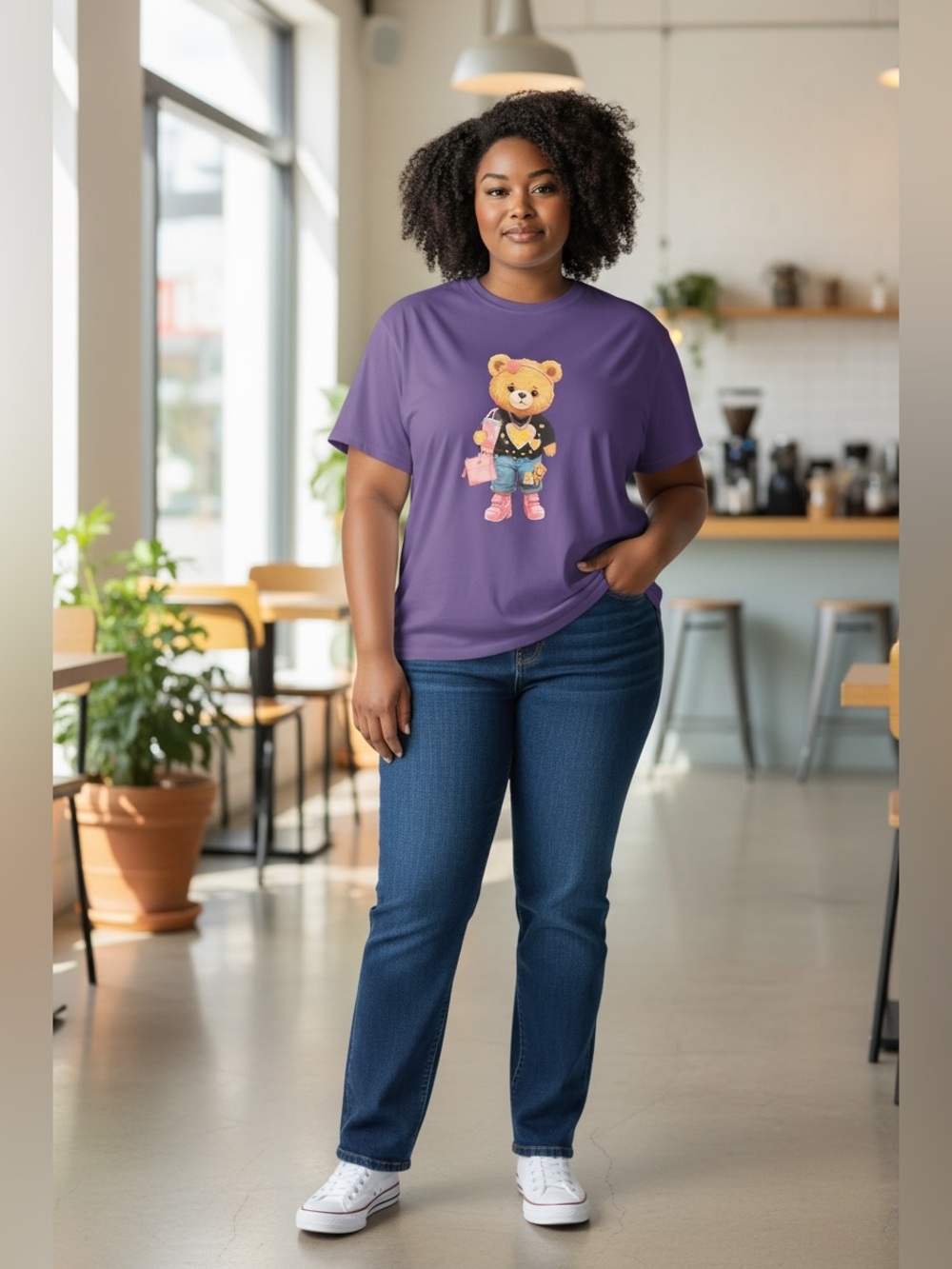 SHEIN Purple Short Sleeve Teddy Graphic Tee Shirt